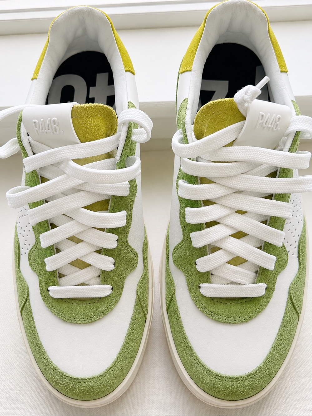 NWOT P448 Thea White Green Leather Suede Platform Sneakers Size 38